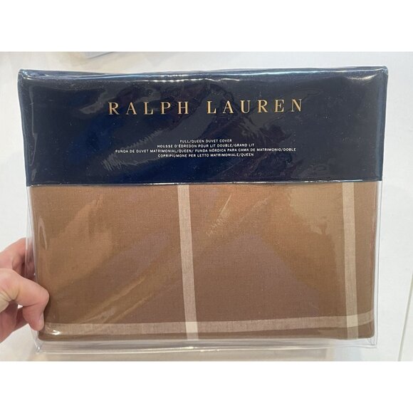 NEW Ralph Lauren Duvet Cover Full Queen Modern Equestrian Windowpane Cream Camel - Picture 1 of 6